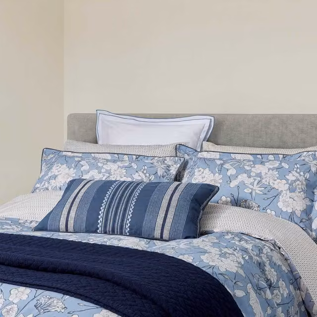 Bedeck of Belfast Liyana Double Duvet Cover and Pillowcase Set, Blue Cotton Percale Floral Design, W: 140 cm, L: 200 cm