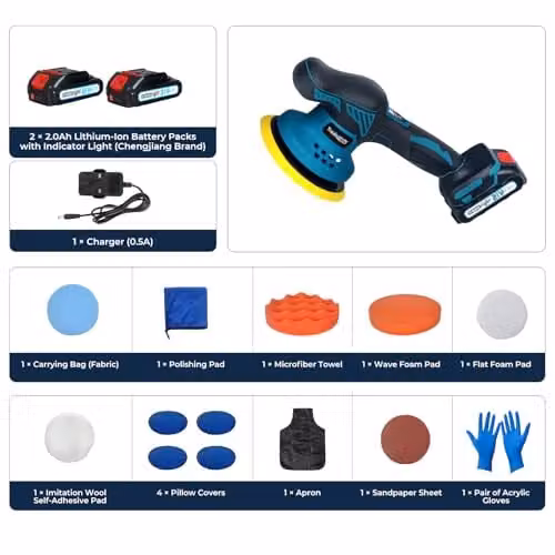 Traderight Cordless Dual Action Car Polisher with 2 x 21V 2.0Ah Rechargeable Batteries, 6-Speed 3700–5500RPM, 6in Buffer Machine for Waxing and Scratch Repair, Multicolour – 7