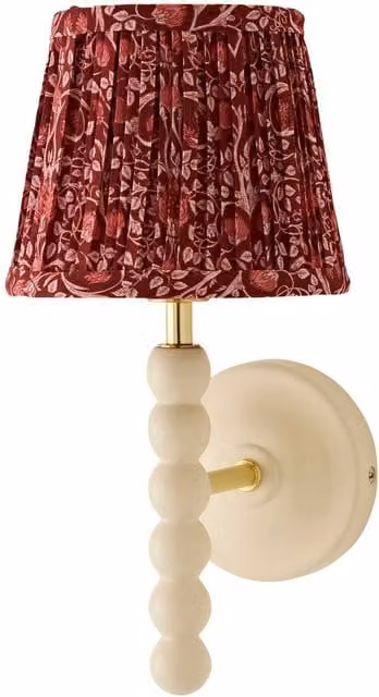 ValueLights Bobbin Cream Wooden Wall Light with Burgundy Floral Pleated Fabric Shade