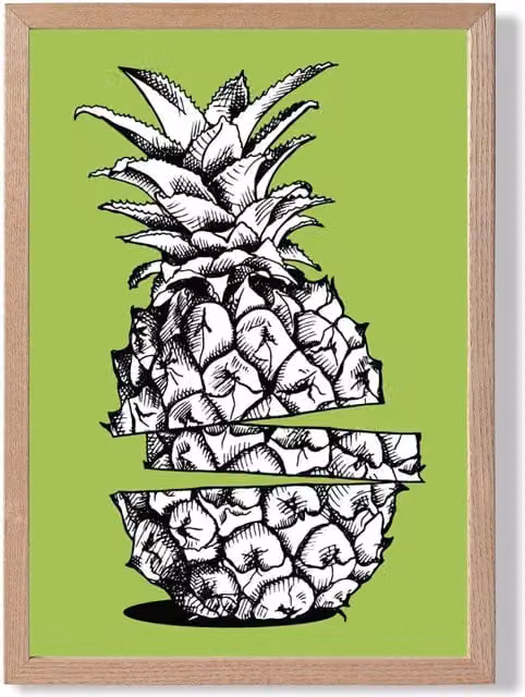 ARTZE Sketch Pineapple Botanical Illustration Framed Print in Bright Green with Oak Frame, A2