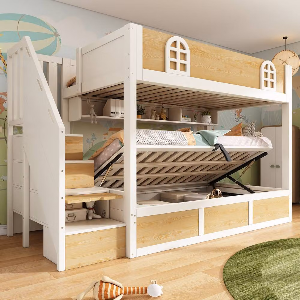 Rolipo White Solid Wood Double Kids Bunk Beds with Staircase and Hydraulic Storage W/D/H: 140 x 200 cm – 6