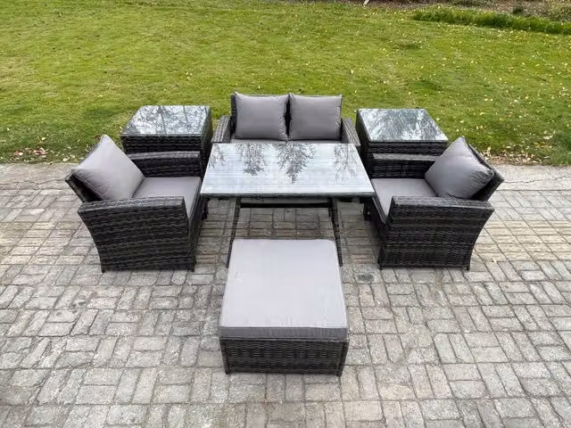 Fimous 5 Seater Outdoor Garden Furniture Set with High Back Rattan Sofa, Dining Table, 2 Side Tables and Large Footstool in Dark Grey