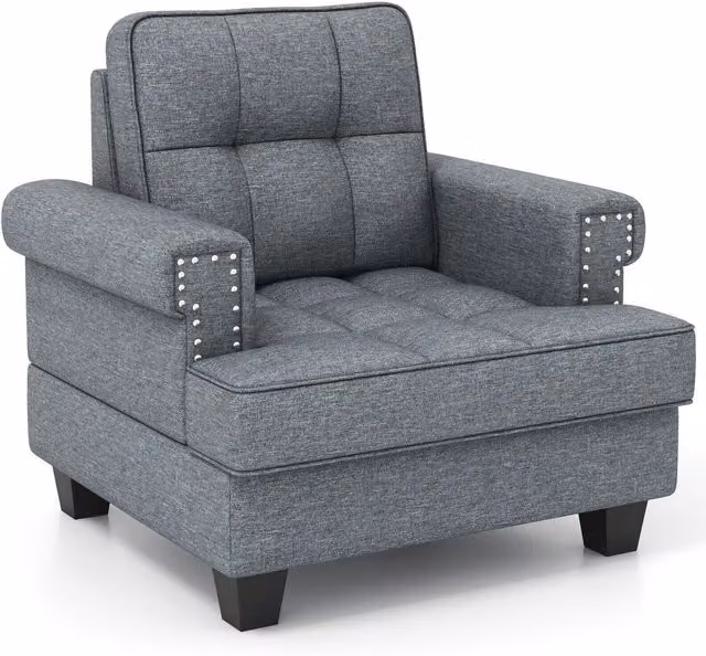 Costway Modern Accent Armchair in Grey, Tufted Upholstered Linen Club Chair with Extra Pillow