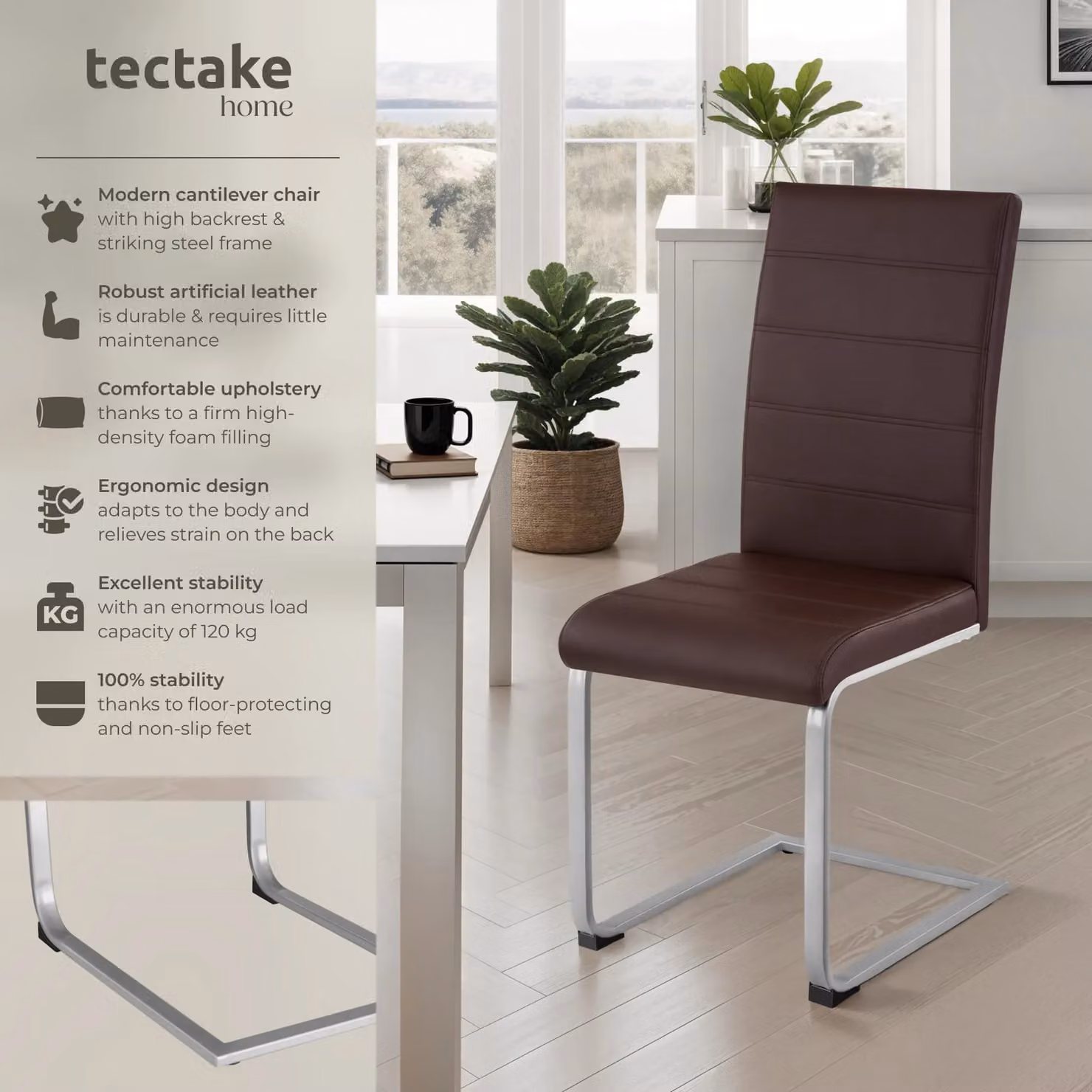 tectake Bettina Dining Chairs Set of 2 in Brown Synthetic Leather with Metal Cantilever Base – 2