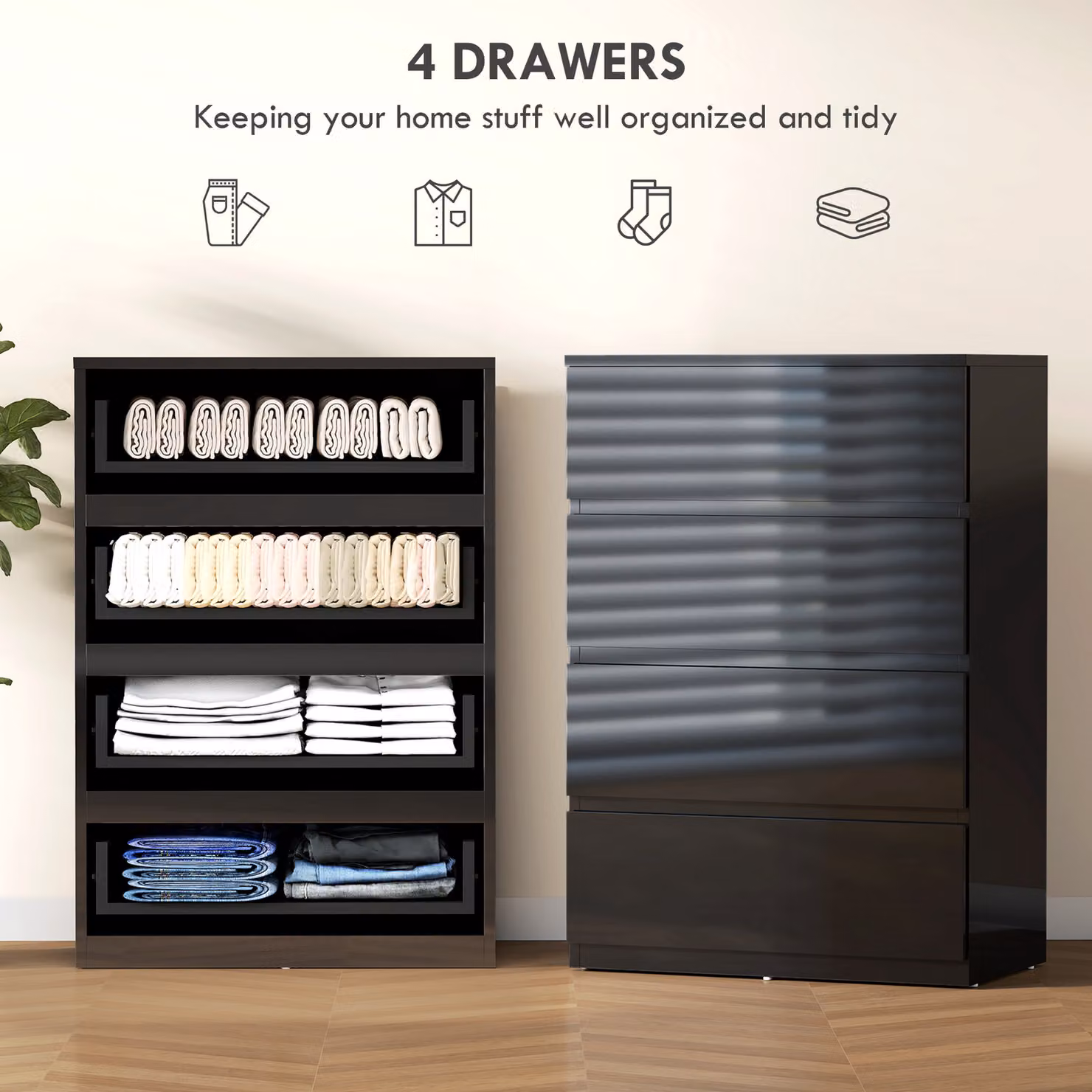 HOMCOM Modern 4-Drawer Chest of Drawers in Black with Soft-Close Drawers – 4
