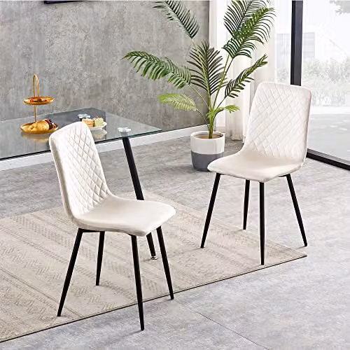 MCC Direct Set of 2 Lexi Velvet Fabric Dining Chairs with Metal Legs in Beige and Black – 2