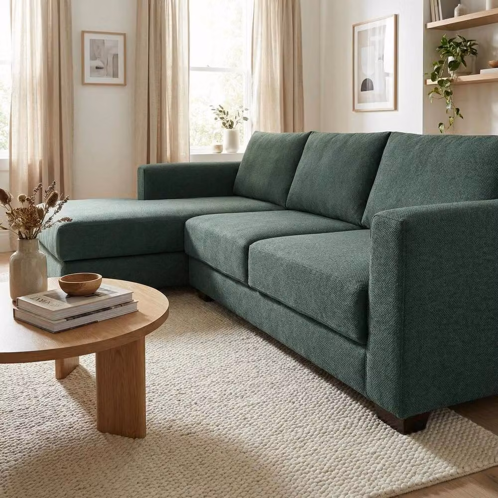 Abakus Direct Kaizer L-Shaped Corner Sofa in Green Boucle Fabric, Left Facing – 4