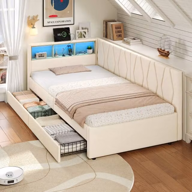 Merax 3ft Single Daybed Sofa Bed in Beige with 2 Drawers and LED Storage Headboard featuring USB Charging Port and Bedside Shelf, W/D/H: 90 x 190 x 82 cm – 1