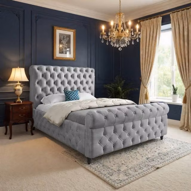 Casani Steeton Sleigh Upholstered Designer Bed Frame in Grey Silver Velvet, W/D/H: 144 x 140 x 200 cm