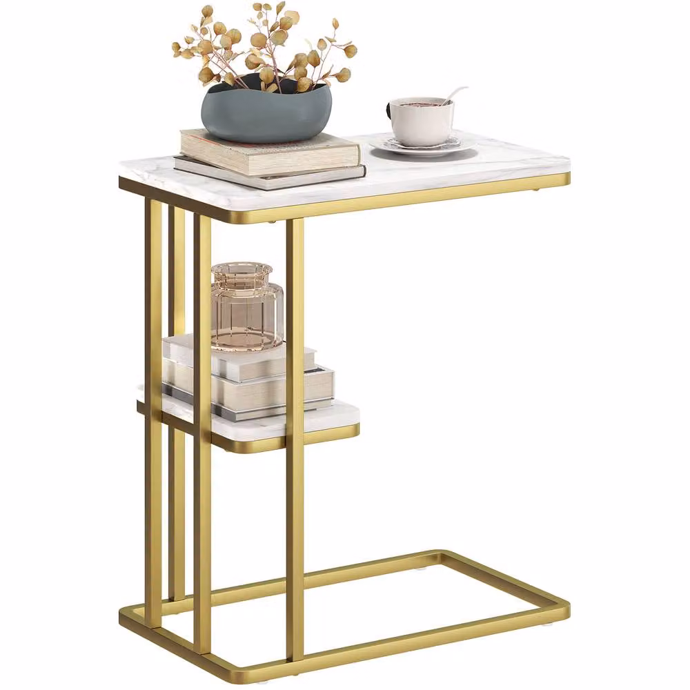 HOMCOM C-Shaped Narrow Side Table with Shelf in White and Gold Marble Grain, W/D/H: 50 x 30 x 57.5 cm – 2