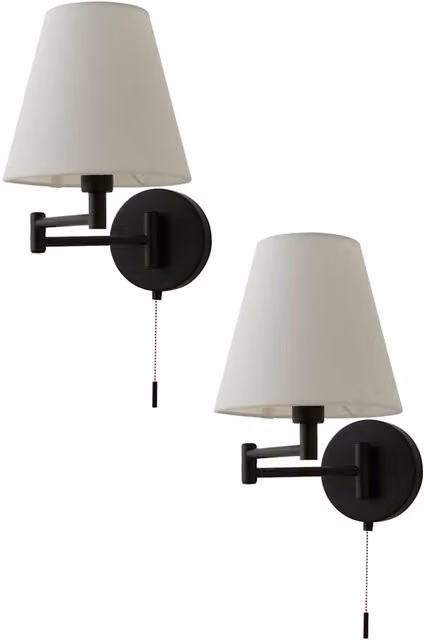 ValueLights Sonia Pair of Adjustable Swing Arm Wall Lights with Black Linen Cone Shades