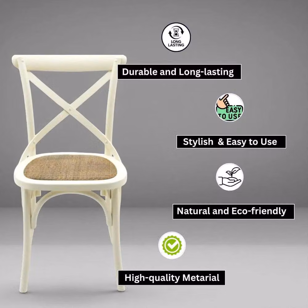 EONLION Cream Cross Back Dining Chair with Rattan and Fabric Details – 3