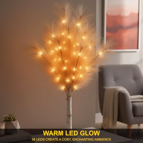 Shatchi 2-Piece Champagne Feather Tree Table Lamp with Warm White LEDs, Beige, Height: 70 cm – 3