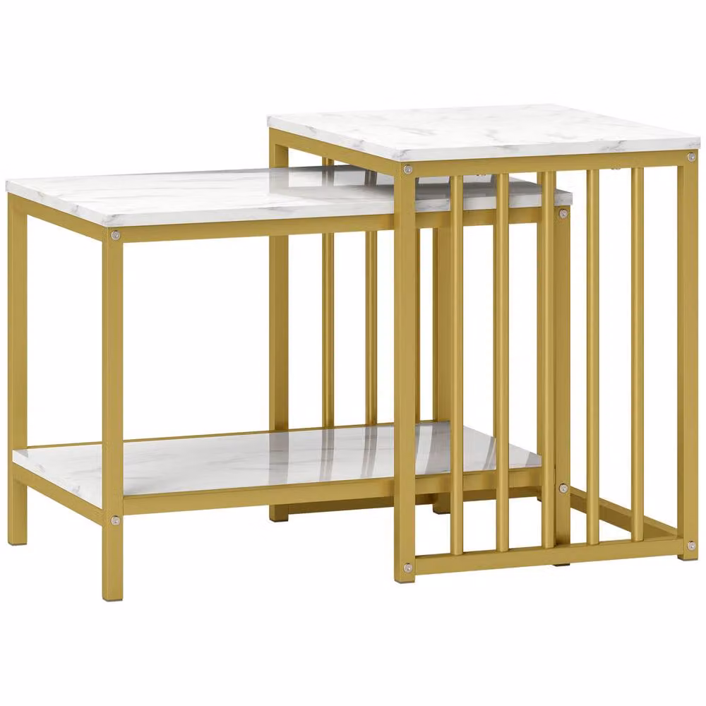 STILVORA 2 Piece Nesting Coffee Table Set with Shelf and Gold Steel Frame – 3