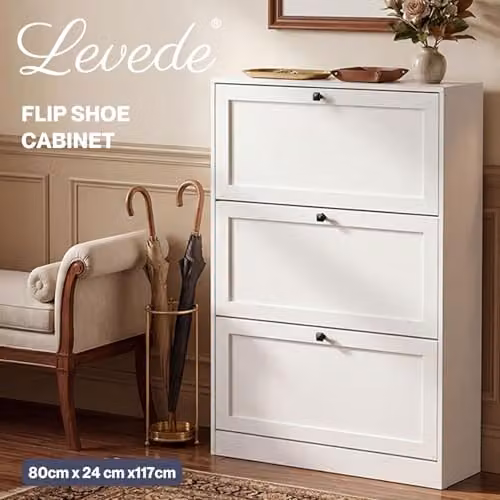 Levede Modern White Slim Shoe Cabinet with Tilting Compartments and Internal Shelves, H 117 x W 80 x D 24 cm – 3