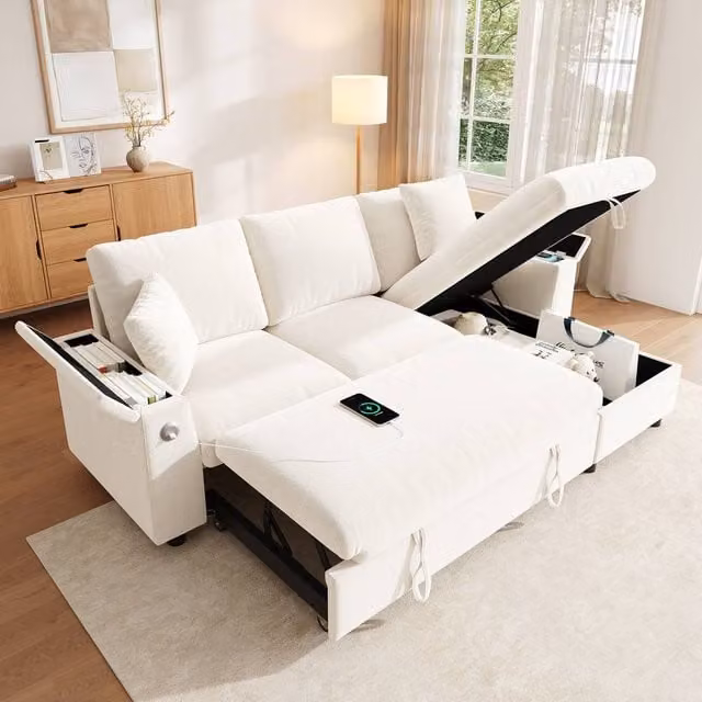 Merax Reversible L-Shape Corner Sofa Bed with Storage, USB Charging and Pull-out Drawer in Beige