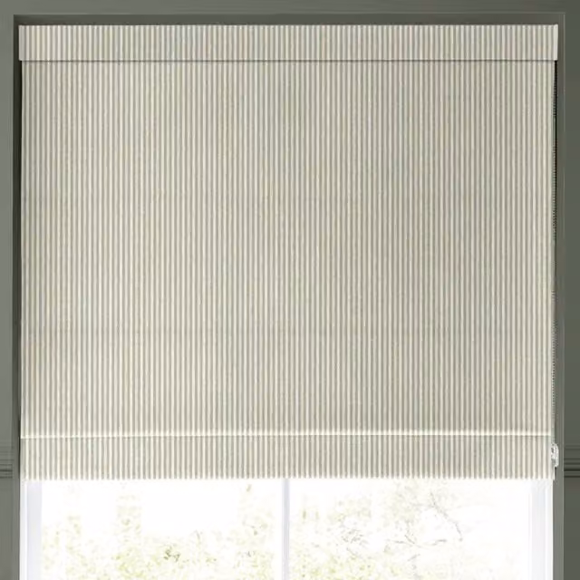 Emily Bond Oscar Stripe Made to Measure Blackout Roman Blind in Sage Green and Beige