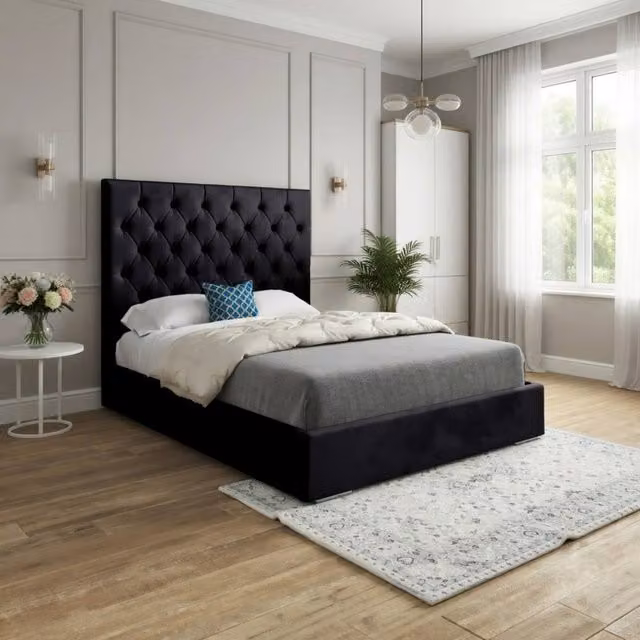 Casani Crantock Chesterfield Upholstered Velvet Bed Frame, Black, W/D/H: 90 x 200 cm – 1