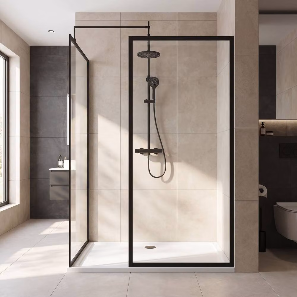 Balterley Framed Walk-In Wetroom Bundle with Rectangular Tray, Matt Black, W: 1400 mm, D: 800 mm – 2