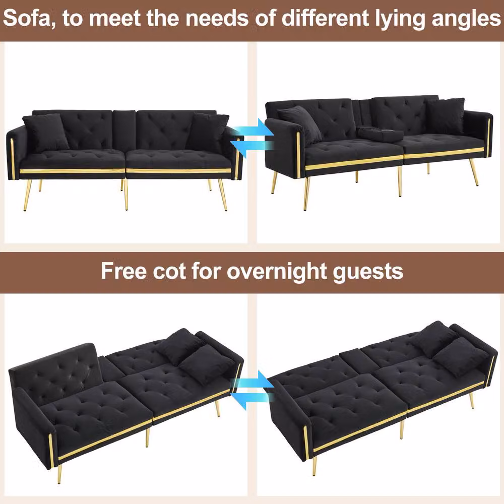 Merax Black Velvet Sofa Bed with Gold Trim and Fold-Down Cup Holders, W/D/H: 174 x 76 x 71.5 cm – 5