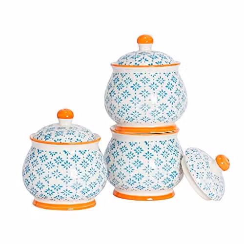 Nicola Spring Floral Patterned Blue Ceramic Sugar Bowls with Lids, Pack of 3