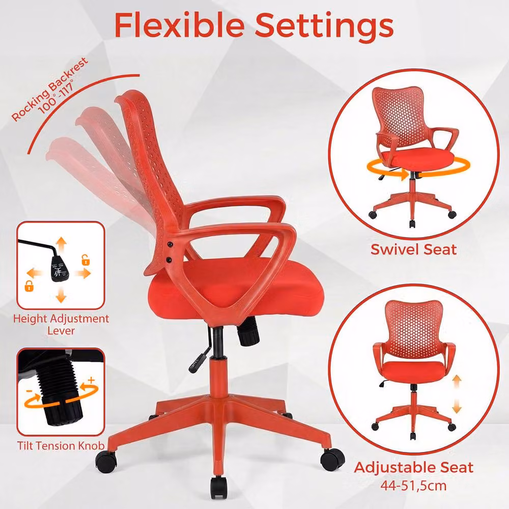 Gymax Ergonomic Red Fabric Swivel Office Chair with Armrests and Castors – 5