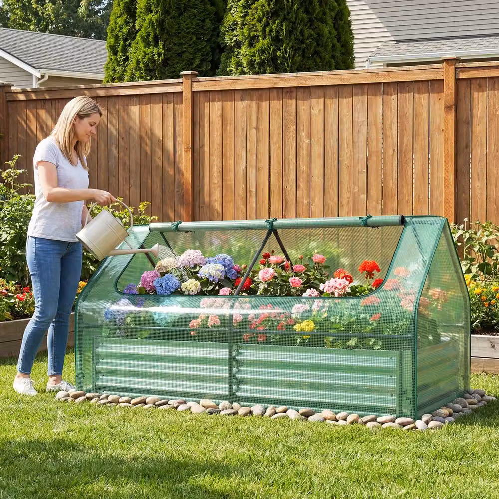 Costway Raised Garden Bed with Greenhouse Cover and 2 Roll-up Windows, Green, W/D/H: 94.0 x 91.0 x 91.0 cm – 3