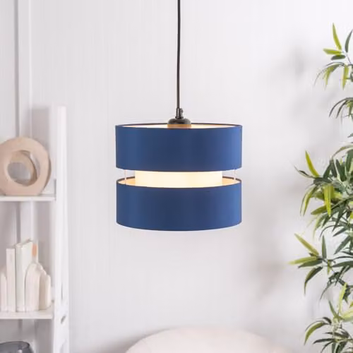 ValueLights Pair of Small Navy Blue Fabric 2 Tier Drum Ceiling Light Shades with Warm White LED Bulbs, Width: 26 cm – 2