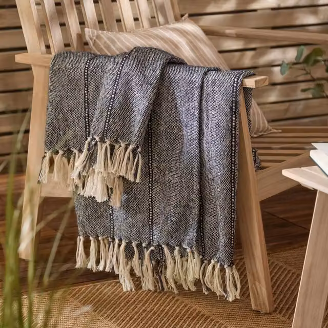 Yard Hedon Woven Striped Outdoor Throw with Fringes, Blue, W: 130 cm, L: 180 cm