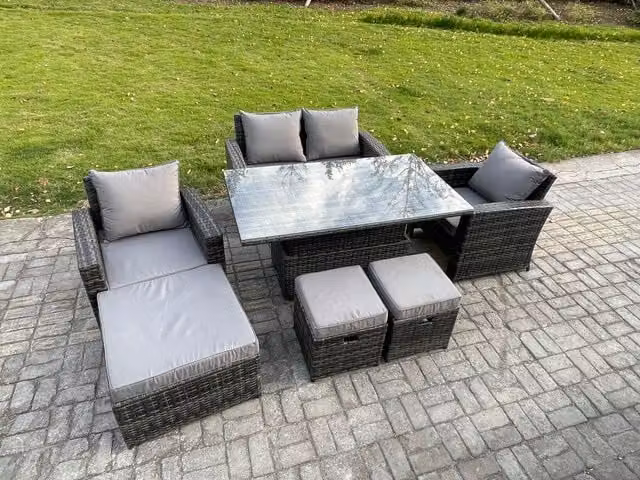 Fimous 7 Seater Rattan Outdoor Garden Dining Set with Height Adjustable Lifting Table in Dark Grey