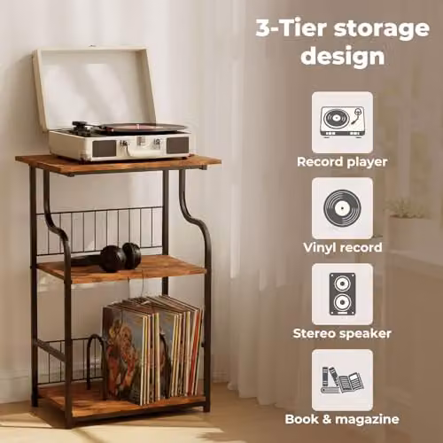 Levede 3-Tier Vintage Record Player Stand and Vinyl Storage Side Table in Brown and Black, W/D/H: 50 x 30 x 74 cm – 9