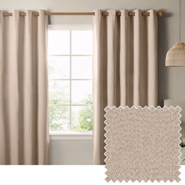 Furn Blackout Textured Woven Eyelet Curtain Pair in Natural, Width: 168 cm, Drop: 137 cm
