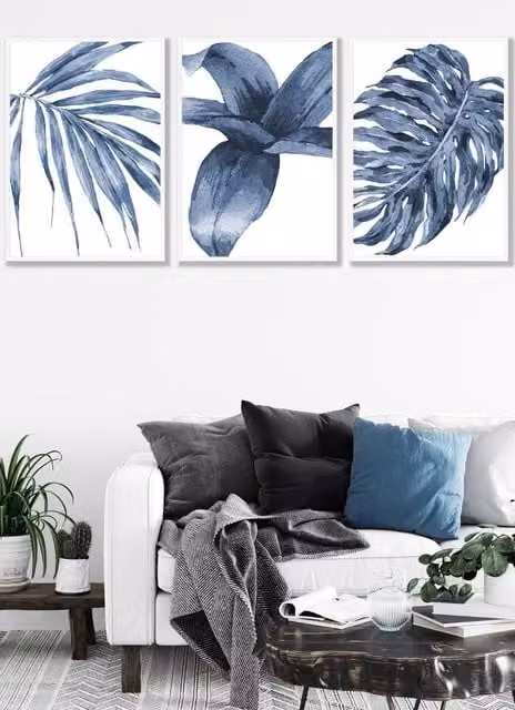 ARTZE Set of 3 Navy Blue and White Abstract Tropical Botanical Wall Art with White Frames, W: 53 cm, H: 73 cm, D: 2 cm