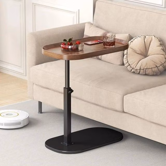 FORGEVIO Height Adjustable C Shaped Side Table with 360 Degree Swivel Top in Brown