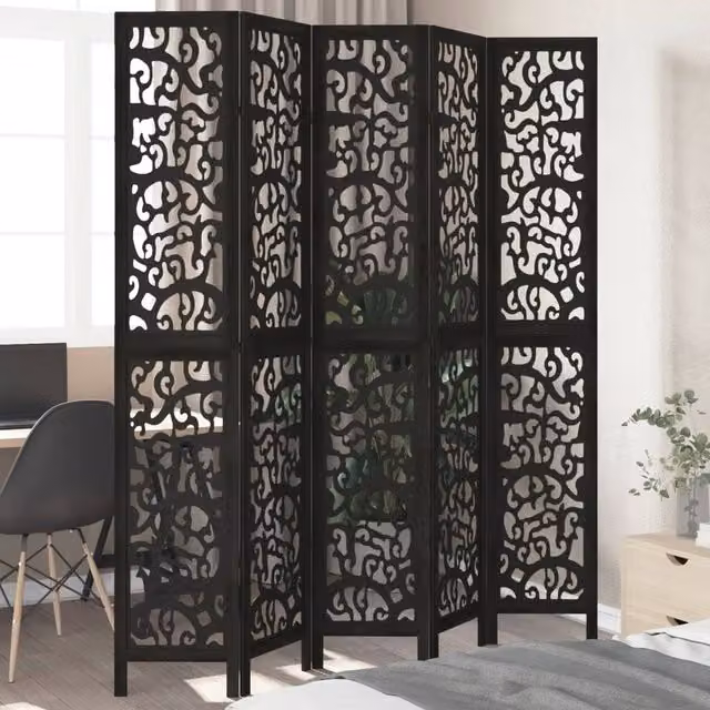 Berkfield Home 5-Panel Black Solid Paulownia Wood Room Divider – 1