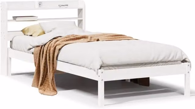 Berkfield Home Rustic White Solid Pine Bed Frame with Bedside Shelves, W/D/H: 90 x 200 cm