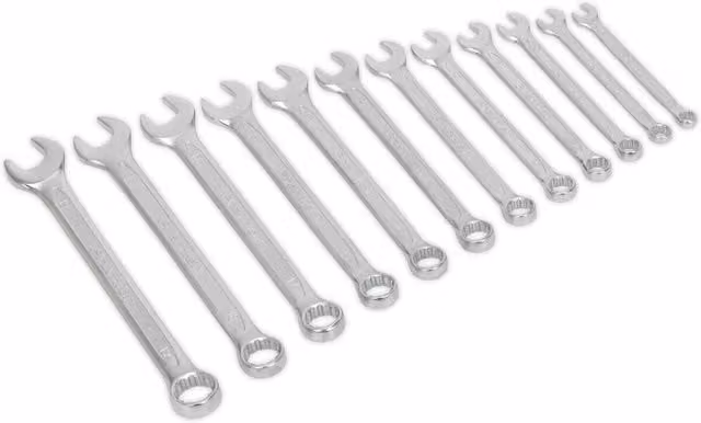 Loops 12pc Slim Handled Combination Spanner Set, 12 Point Metric Ring Open Head Wrench in Silver Chrome Vanadium Steel