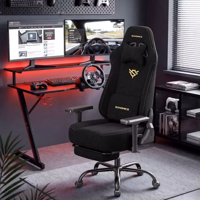 SONGMICS Ergonomic Sporty Gaming Chair in Black with Microfibre Fabric, Headrest and Armrests