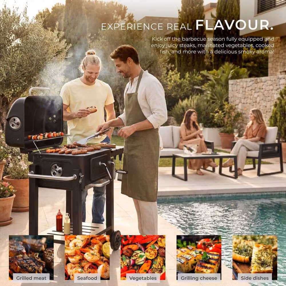 tectake Florian Charcoal Grill in Black with Wheels, Warming Rack and Thermometer, W/D/H: 110 x 64 x 104 cm – 8