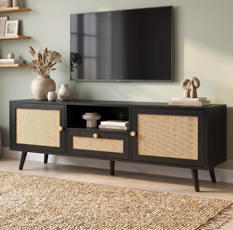 Wovena Black Rattan TV Unit with 2 Door Storage Cabinet, W: 160 cm, D: 40 cm, H: 55 cm