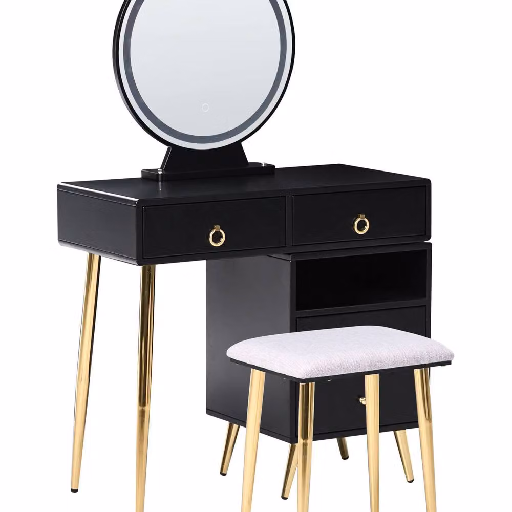Wyld and Coco Glam Dressing Table in Black and Gold with 6 Drawers and Hollywood LED Mirror, W/D/H: 133 x 38 x 98 cm – 2