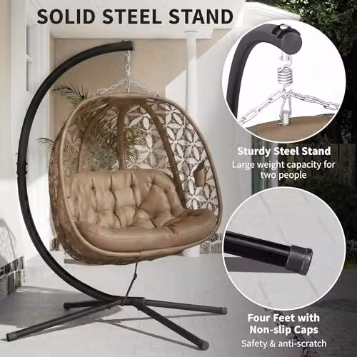 Outsunny Double Hanging Swing Chair with Metal Stand and Cup Holders in Sand Brown – 6