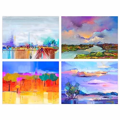 Wee Blue Coo Pack of 4 Multicoloured Coastal Landscape Abstract Oil Painting Unframed A4 Paper Poster Prints Set