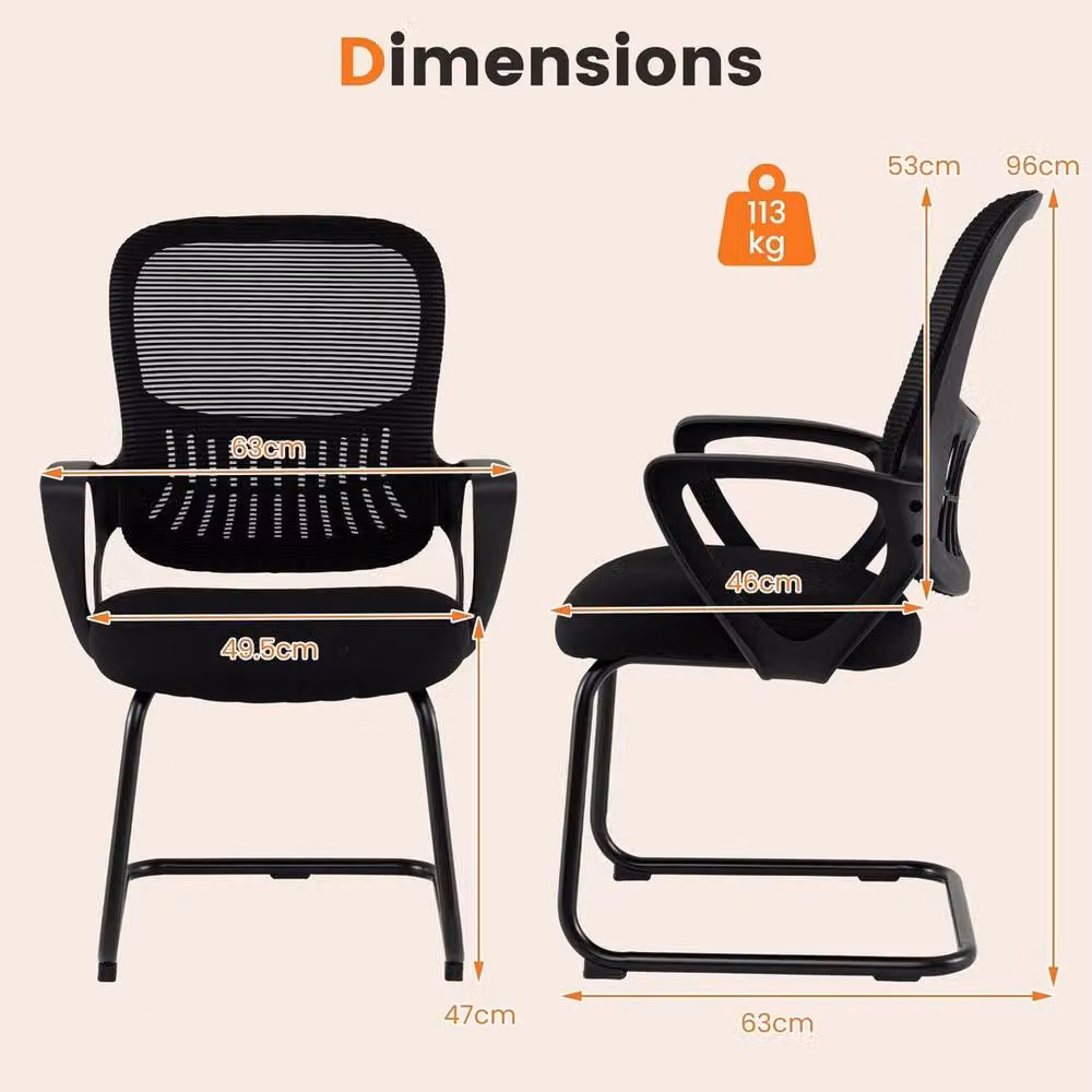 Kelvenix Set of 2 Black Fabric Conference Room Chairs with Integrated Armrests and Metal Frame – 2