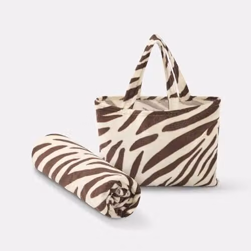 OHS Zebra Brown Microfibre Beach Towel and Inflatable Bolster Pillow Set with Storage Bag – 4
