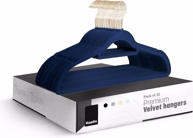 KEPLIN Non-Slip Velvet Flocked Clothes Hangers with Swivel Hook and Space-Saving Design, Blue, 20 Pack