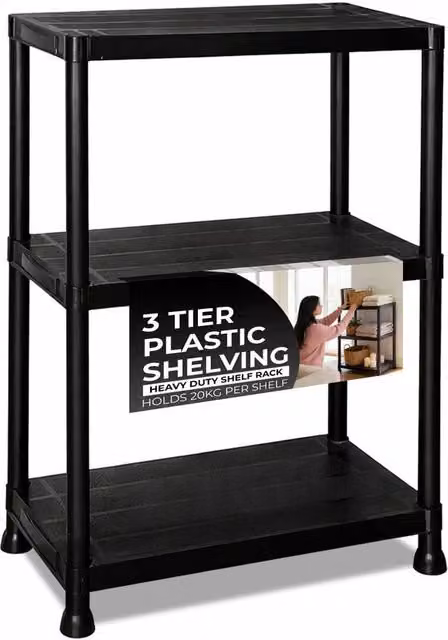 Crystals 3 Tier Plastic Home Storage Unit and Garage Organiser Rack in Black, Width: 60 cm