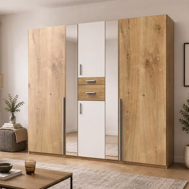 Odessa Modern 5 Door Wardrobe in Oak and White with Mirror, W: 225 cm