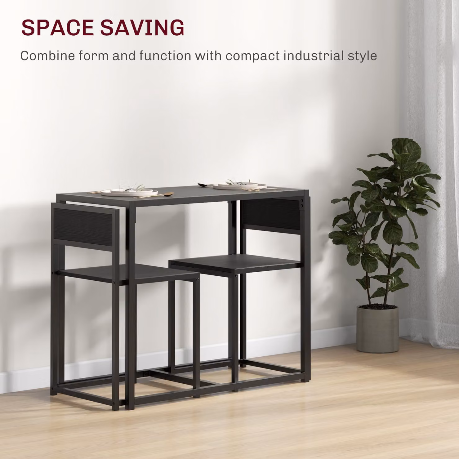 HOMCOM Industrial Dining Set with Rectangular Table and 2 Chairs in Black and Brown – 3