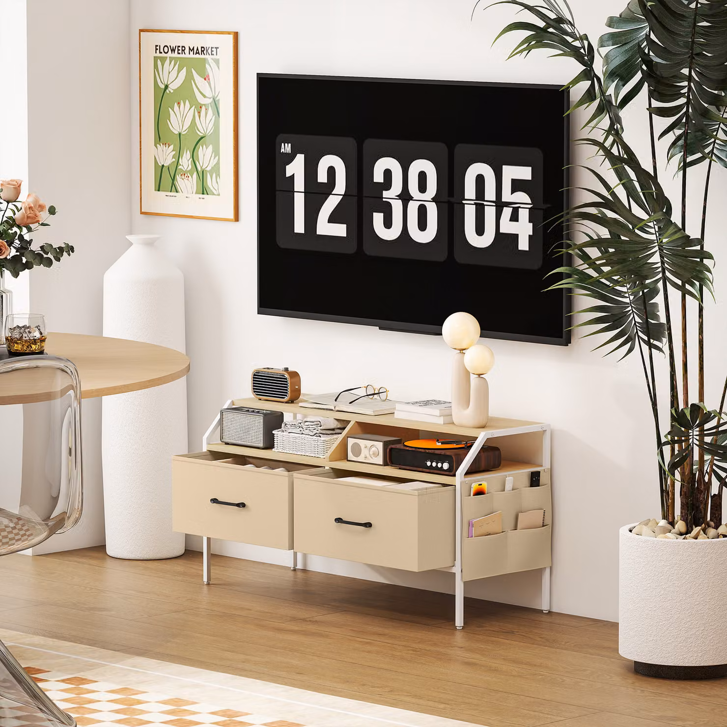 HOMCOM TV Stand Cabinet in Natural Wood Finish for up to 55-inch TVs with 2 Fabric Drawers and 5 Side Pockets – 7